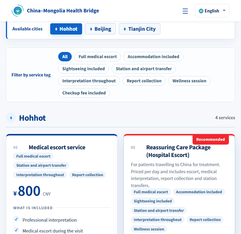 Packages page: city tabs, service tags and the package cards