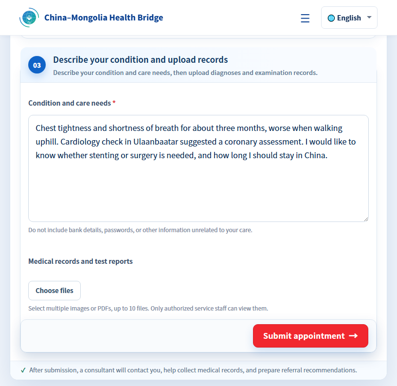 3.3 Condition and care needs, files, and the submit button