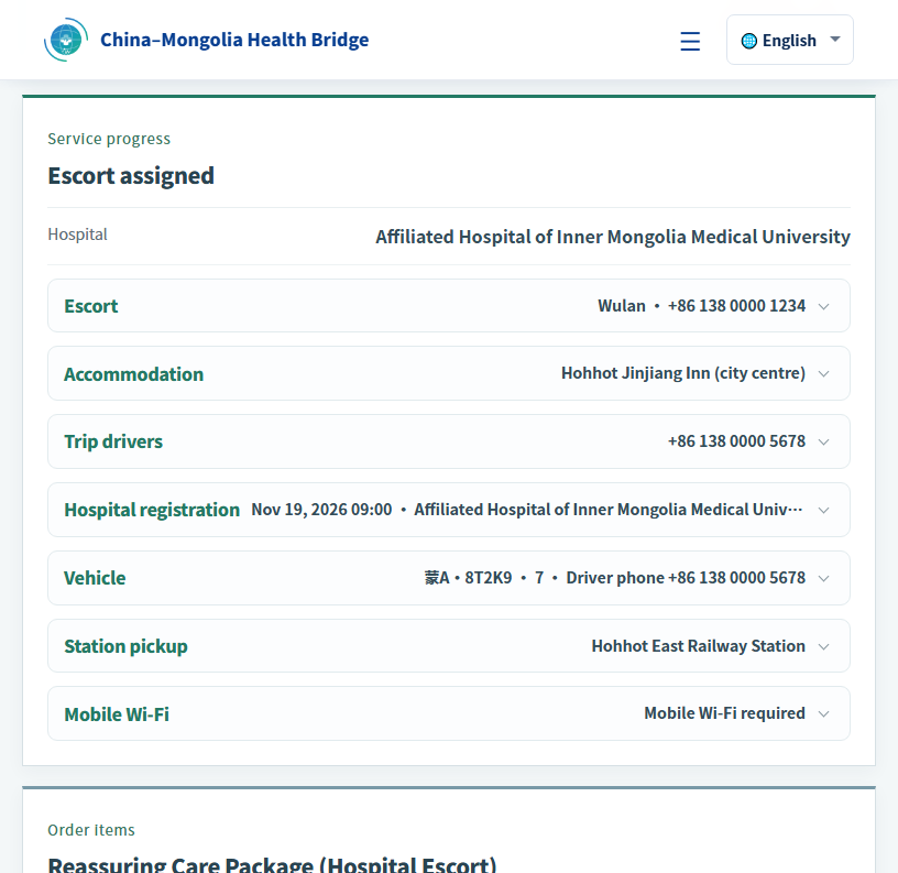 Service progress: escort, accommodation, drivers, registration, vehicle and pickup